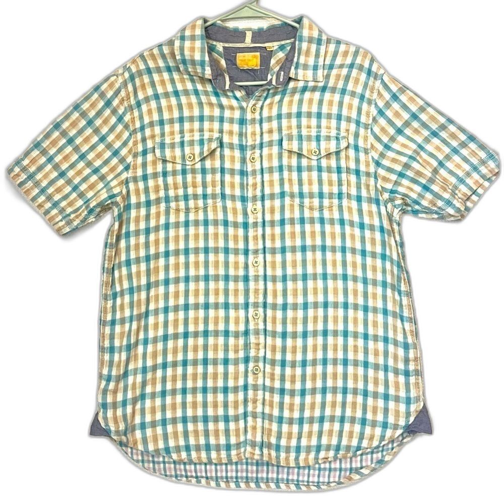 True Grit Men's Teal & Tan Plaid Button-Up Short Sleeve Shirt Size Large
